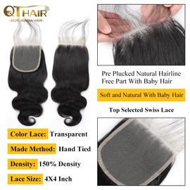 Paquete de cabello brasileño virgen ondulado de grado 14A, cierre frontal, 100% sin procesar, extensiones de cabello humano brasileño ondulado (22" x 4" cierre)
