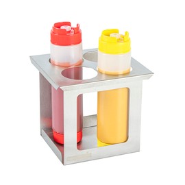 Restaurantware Squeeze Bottle Holder Pack of 1 Stainless Steel 4 Hole Bottle Holder, 2.5" Diameter Fits 1/6 Size Opening, Dishwasher Friendly Integrated Lip Design Holder for Condiment Bottles