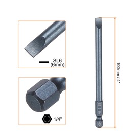 HARFINGTON SL6 Magnetic Slotted Screwdriver Bits 6mm S2 Steel Flat Head Screwdriver Bit 1/4" Hex Shank Screw Driver Drill Bits 100mm (4") Long for Screws