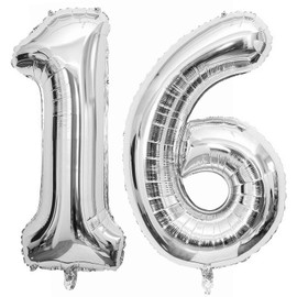 Silver 16 Number Balloons, 40 Inch Giant Number 16 Balloons Foil Mylar Helium Silver Number Balloons for 16th Birthday Party Supplies Anniversary Event Celebration Decorations