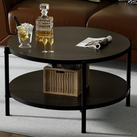 FAMIDGE Round Coffee Table, 27.6" Circle Coffee Table for Living Room, 2-Tier Wood Accent Center Table with Open Storage Industrial Design Home Furniture, Black