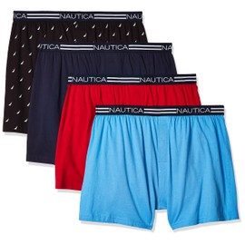 Nautica mens Classic Cotton Loose Knit Boxer Shorts, Peacoat/Aero Blue/Nautica Red/Sails Black- 4 Pack, Small US