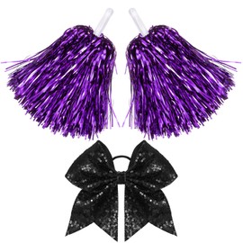 Hanaive 3 Pcs Plastic Cheerleading Pom Poms and Large Cheerleader Hair Bow Metallic Foil Pompoms Cheer for Teen Cheering Squad Dance Rooters Accessories (White)(Purple Black,Classic)