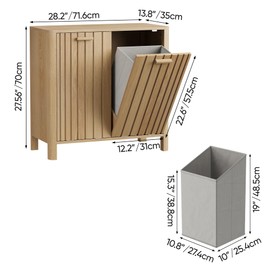 Double Tilt Out Laundry Hamper Cabinet, 11.8 Gallon Gradien Fluted Hidden Trash Cabinets with 2 Baskets for Bathroom Kitchen & Living Room, Freestanding Bathroom Storage Cabinet（Natural Oak）
