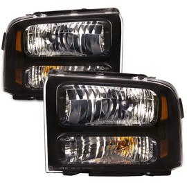 HEADLIGHTSDEPOT Headlight Set Compatible With 2005-2007 Ford F250 F350 F450 F550 Super Duty 2005 Excursion US models Halogen Black Housing Left Driver Right Passenger Side