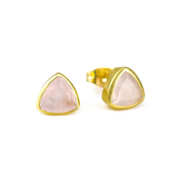 Pink Quartz triangle stud earrings, everyday earrings, Vermeil Gold bezel