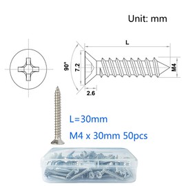 M4 Stainless Steel Self Tapping Screws,50pcs M4 X 30mm Phillips Flat Head Wood Srews DIY Woodworking Screws with Box (M4 X 30mm 50 PCS)
