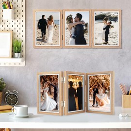 TESSTSY Foldable Collage Picture Frame, 3 Picture Frames, Wooden Picture Frames with Glass Pane, Picture Frame, 3 Photos Piece, Picture Frame for 3 Pictures, Photo Frame, Portrait Frame for Wedding,