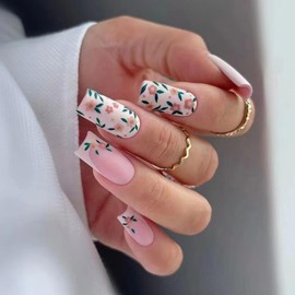 French Tip Press on Nails Medium Length Fake Nails with Pink Flowers Design False Nail Tips Matte Glue on Nails French Reusable Stick on Nails for Women and Girls Decoration Manicure 24 PCS