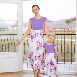 IFFEI Mommy and Me Dresses Matching Set Family Outfits Flutter-Sleeve Midi Dress with Pockets 9-12M Purple