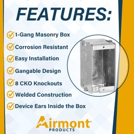 1-Gang Masonry Electrical Box, Metal Electrical Box, 2-1/2" Depth, 8 EKO Knockouts, Width 3.75'', Height 1.94'', Masonry Box Gangable, Welded Design, Steel Device Boxes for Masonry Walls