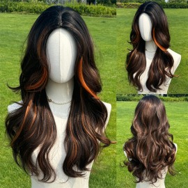 Smilco 2025 Fashion New 24-inch Black-brown High-gloss Ladies Wig-hair Tail Micro-volume Natural and Neat Bangs-rose Mesh SM450color: Black-brown, Stretched Length: 24"