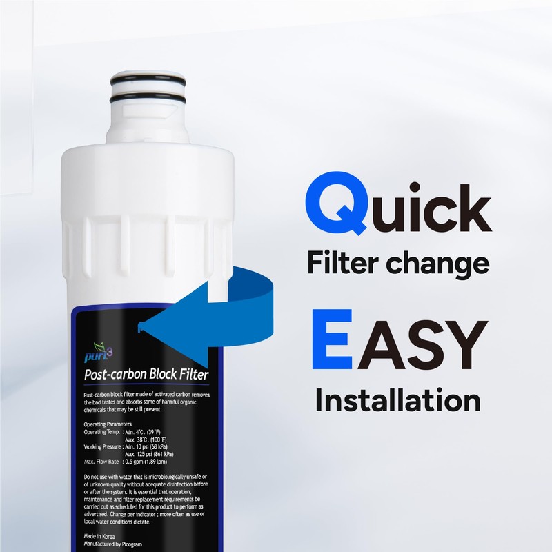 Puri-3 Post-carbon Block Replacement Filter PPF-1103, Reduces Chlorine VOCs THM