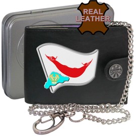 Rapa NUI Flag Easter Island Map and Coat of Arms COA KLASSEK Mens Wallet with Chain Real Leather RFID Blocking with Coin Pocket and Metal Gift Box
