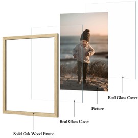 eletecpro 11x14 Solid Oak Wood Floating Picture Frame with Real Glass Cover, Wooden Frames Display Photo for Multiple Size up to 11x14 for Wedding, Party, Home Decor, 2 Pack