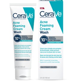CeraVe Acne Foaming Cream Wash, Gentle Face and Body Cleanser with Benzoyl Peroxide 10%, Hyaluronic Acid, and Niacinamide, 10% Benzoyl Peroxide Treatment Clears Pimples and Blackheads 5 Oz