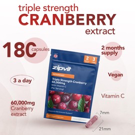 Zipvit Triple Strength Cranberry 60,000mg, High Strength Cranberry Extract with Vitamin C, 180 Vegan Capsules for Immune Support, 2 Month Supply, Supplement for Men & Women