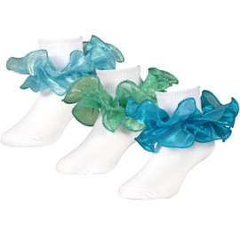 KUANINUNAR 3 Pairs Girls Ruffle Double Lace Frilly Dress Socks Big Turn Cuff White Socks for Toddler Girls Kids (US, Age, 1 Year, 3 Years, Light Blue Light Green Blue)