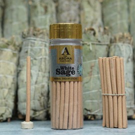 The Aroma Factory Dhoop batti Palo Santo, Amber & Myrrh, White Sage, Sandal Chandan, Oudh & White Woods No Bamboo Herbal Dhoop Sticks Incense Holder 5 Bottle x 100g with Jute Bag