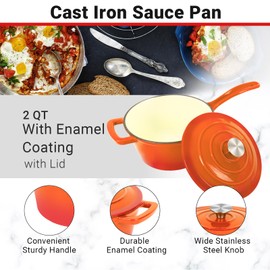 Enameled Cast Iron Sauce Pan, 2 Quarts Round Sauce Pot with Lid, Mini Dutch Oven Enamel Saucepan for Cooking Pasta Sauce, Marinate, Cook, Refrigerate and Serve, Flame Orange