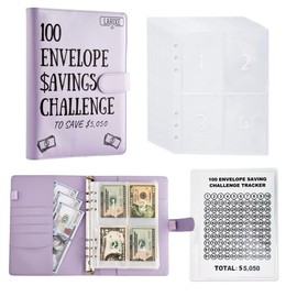 100 Envelopes Money Saving Challenge Book with Preprinted Numbers and Laminated Tracking Page - Easy & Fun Way to Save $5,050 in 100 Days, Money Budget Binder with Cash Envelopes by LARIXE (Purple)