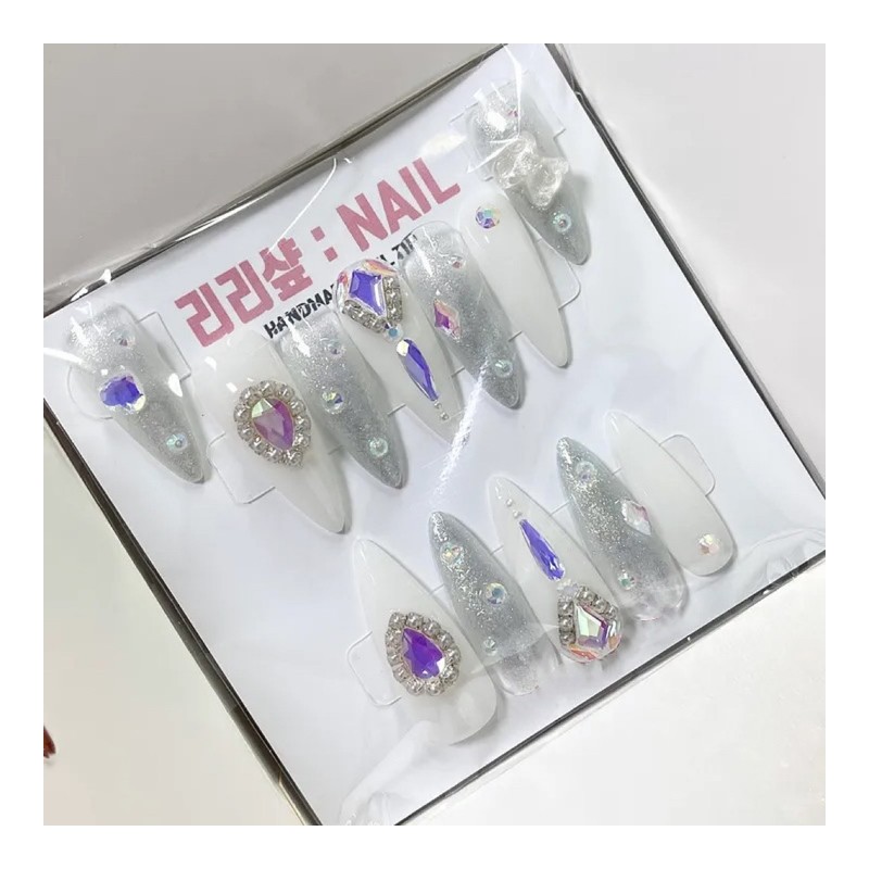 Ice Queen Full Stone Handmade Nail Tips - White /