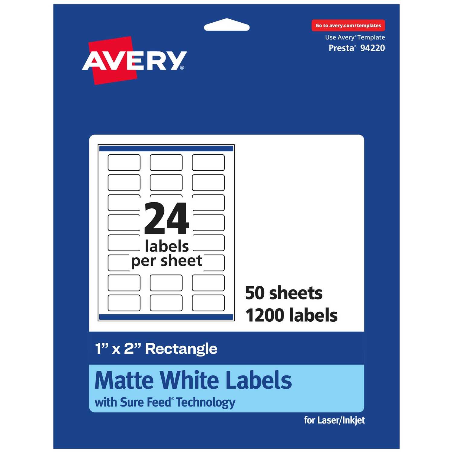 Avery Matte White Rectangle Labels with Sure Feed, 1" x 2", 1,200 Matte ...