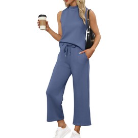 Sampeel Summer Outfits for Women Two Piece Set Casual Wide Leg Pants Vacation Lounge Sets Travel Business Casual Outfits Trending Matching Sets Women Clothing Blue L