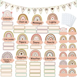 Gueevin 72 Pcs Boho Classroom Jobs Bulletin Board Set Rainbow Bulletin Board Cutouts Classroom Jobs Chart Teacher's Helper Chalkboard Decor for Back to School Party Decorations Home Supplies (Pink)