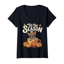 Womens Tis The Season Frenchie Fall Coffee Autumn Pumpkin Spice V-Neck T-Shirt
