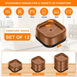 shouwuhho 12 Pack Furniture Risers Adjustable Bed Risers Heavy Duty Lifts Height 1", Square Stackable Bed Risers 1, 2 or 3 Inch for Desk Leg Table Couch Sofa Chair Bed Frame Legs Dorm, Brown