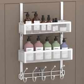 Aimeaihe Adjustable Over The Door Hooks Organizer, Door Hanger Coat Rack with 2 Mesh Baskets and 10 Hooks, Back of Door Storage Organizer for Bedroom,Bathroom,Kitchen (White)