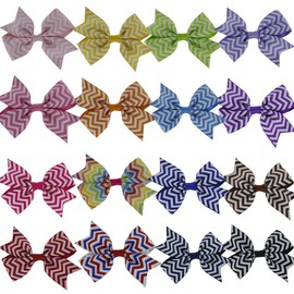 QingHan Little Girls' Grosgrain Ribbon Chevron Printed Single Pinwheel Hair Bows 3" With Alligator Clips Pack Of 16