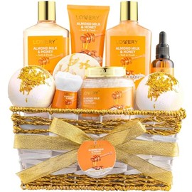 Cesta de regalo para mujer, 10 piezas, leche de almendra, miel, belleza y cuidado personal, paquete de baño en casa para relajarse, kit de cuidado per