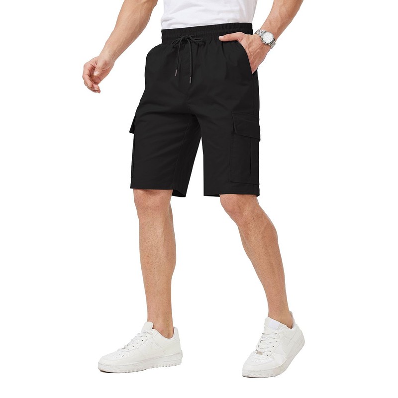 Ougelebo Men's Cargo Shorts Elastic Waist with Drawstring, black, M