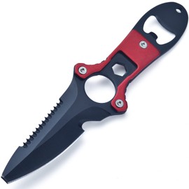JPCRMOV Diving Knife with Leg Strap Nylon Sheath, Diver's Utility Knife Fixed Blade serrated knife (Red Handle)