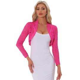 Allegra K Women's Lace Shrug Elegant Crop Short Sheer Floral Lace Bolero Shrugs Hot Pink M