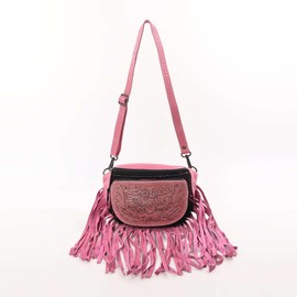 Merbaa Western Fashion Waist Pouch for Women - Pink Genuine Cowhide Tooled Leather Highland Cow Fenny Bag with Suede Fringes Cowgirl Fenny Bag