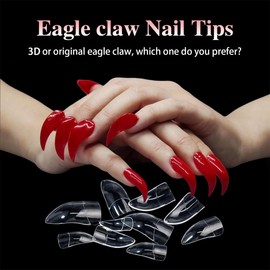 Acrylic Eagle Claw Nails 2 Boxes 200 Pcs White Transparent Raptor Curved Extension Nail Tips Reusable Pre-shaped Gel Cover False Nail for Halloween Cosplay Drag Queen DIY Home Nail Art Salon
