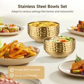 Homaisson Stainless Steel Gold Bowls Set - 4 Pcs Classic Gold Serving Bowls for Homes and Restaurants, Hammered Texture Double Wall Insulated Bowls