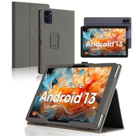 [KENEU] case for Apolosign EM101A/Headwolf wpad5/Aeezo C10BK 10.1 inch Tablet Case, Folding Stand Protective Cover with Pencil Holder and Wrist Strap, Full Protection, 2 packs of tempered glass