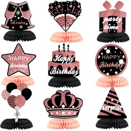 WINPOGEE 9PCS Rose Gold Black Happy Birthday Decorations Honeycomb Centerpieces for Women MenHappy Birthday Table Centerpieces Party Supplies Birthday Party Table Topper Decor (HB)