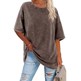 Imily Bela Womens Oversized T Shirts Vintage Cotton Tees Crewneck Short Sleeve Washed Summer Tunic Top Yellowish Brown