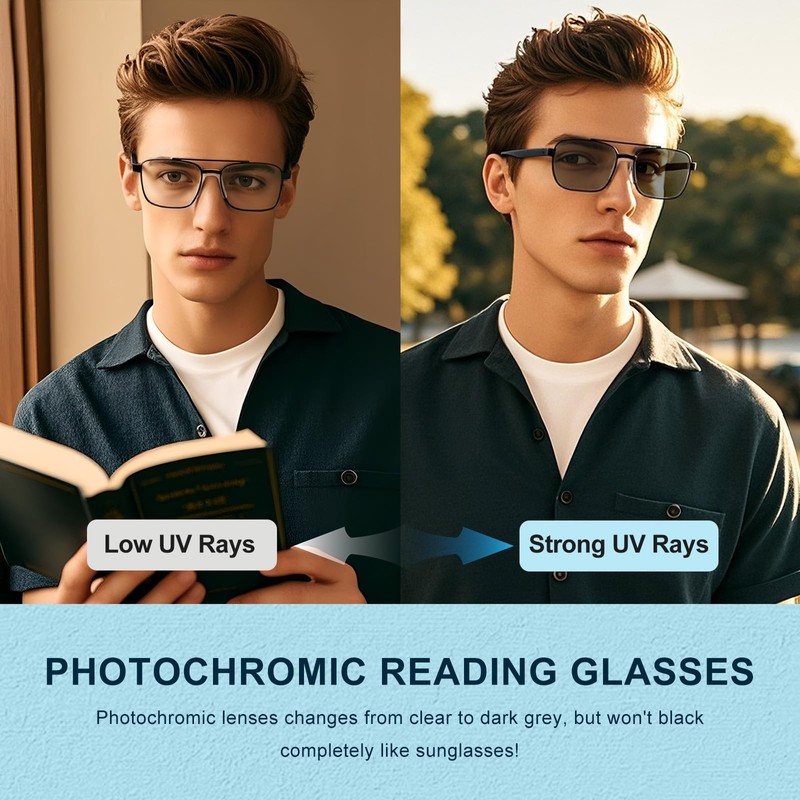 SKYWAY Men's Self-Tinking Glasses, Retro Aviator Square Photochrome, Anti-Blue Light