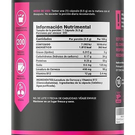 Vitamina B12 con 200 Cápsulas. Ingredientes naturales: Levadura De Cerveza y Vitamina B12. Levadura de Cerveza B12+. B Life