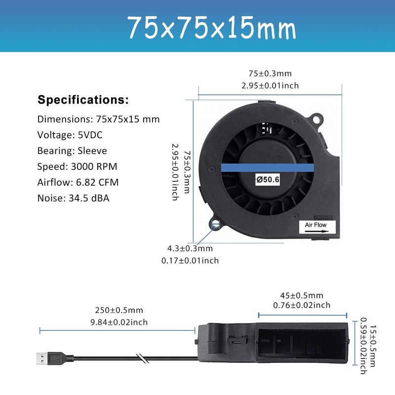 GDSTIME USB Speed Control Fans, 75mm x 15mm 5V DC