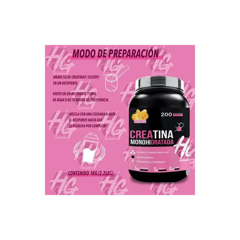 Creatina Monohidratada Heragen 1k 200 Sabores Mango