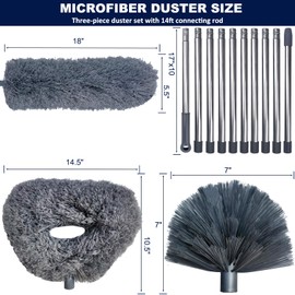 3 Pack 20+ Feet High Reach Grey Microfiber Feather Duster with 3-14 ft Spliceable Pole Cobweb Duster for Cleaning Fan, Spider Web, High Ceiling, Blinds, Furniture Cleaning Tool Kit