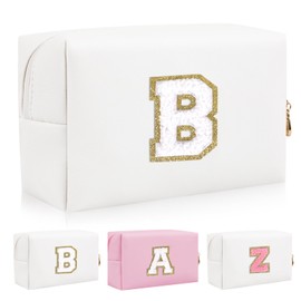 Bolsa de maquillaje con parche inicial personalizada, bolsa de chenilla con cierre, Color1-Blanco-B