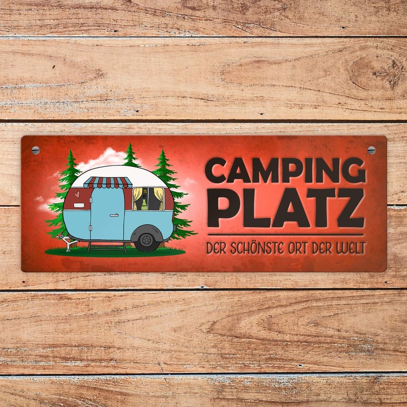 Camping Metal Sign in Red with Caravan Motif Motorhome Holiday